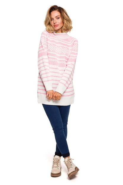 Warm Half-Zip Sweater with Winter Motif and Side Slits