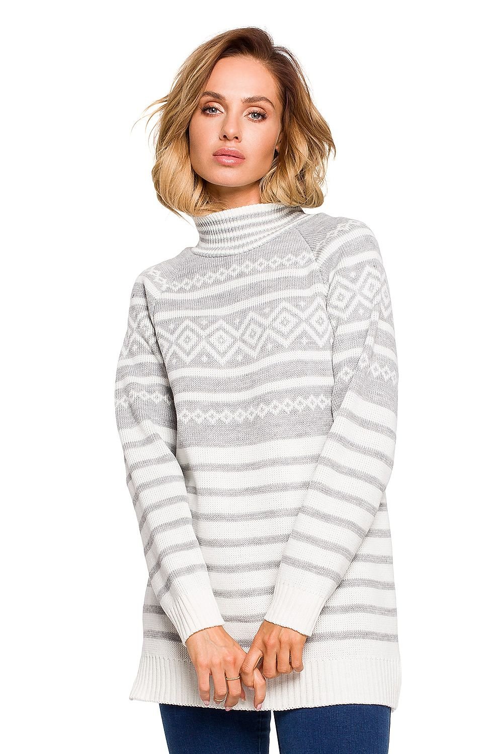 Warm Half-Zip Sweater with Winter Motif and Side Slits