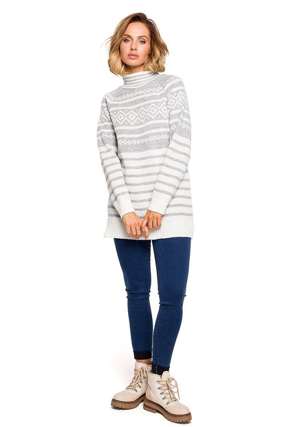 Warm Half-Zip Sweater with Winter Motif and Side Slits