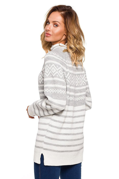 Warm Half-Zip Sweater with Winter Motif and Side Slits