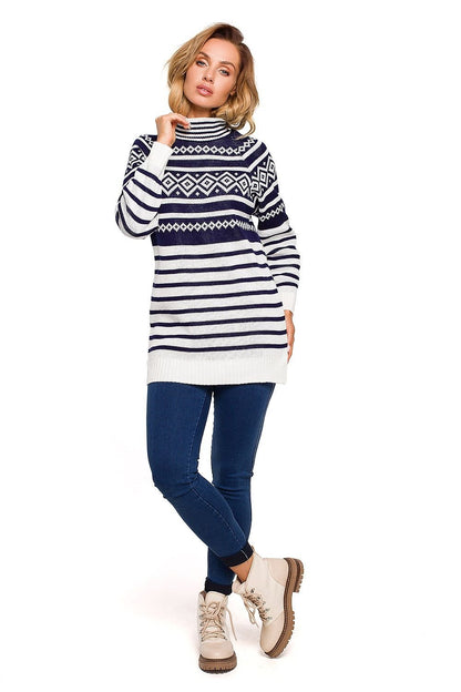 Warm Half-Zip Sweater with Winter Motif and Side Slits