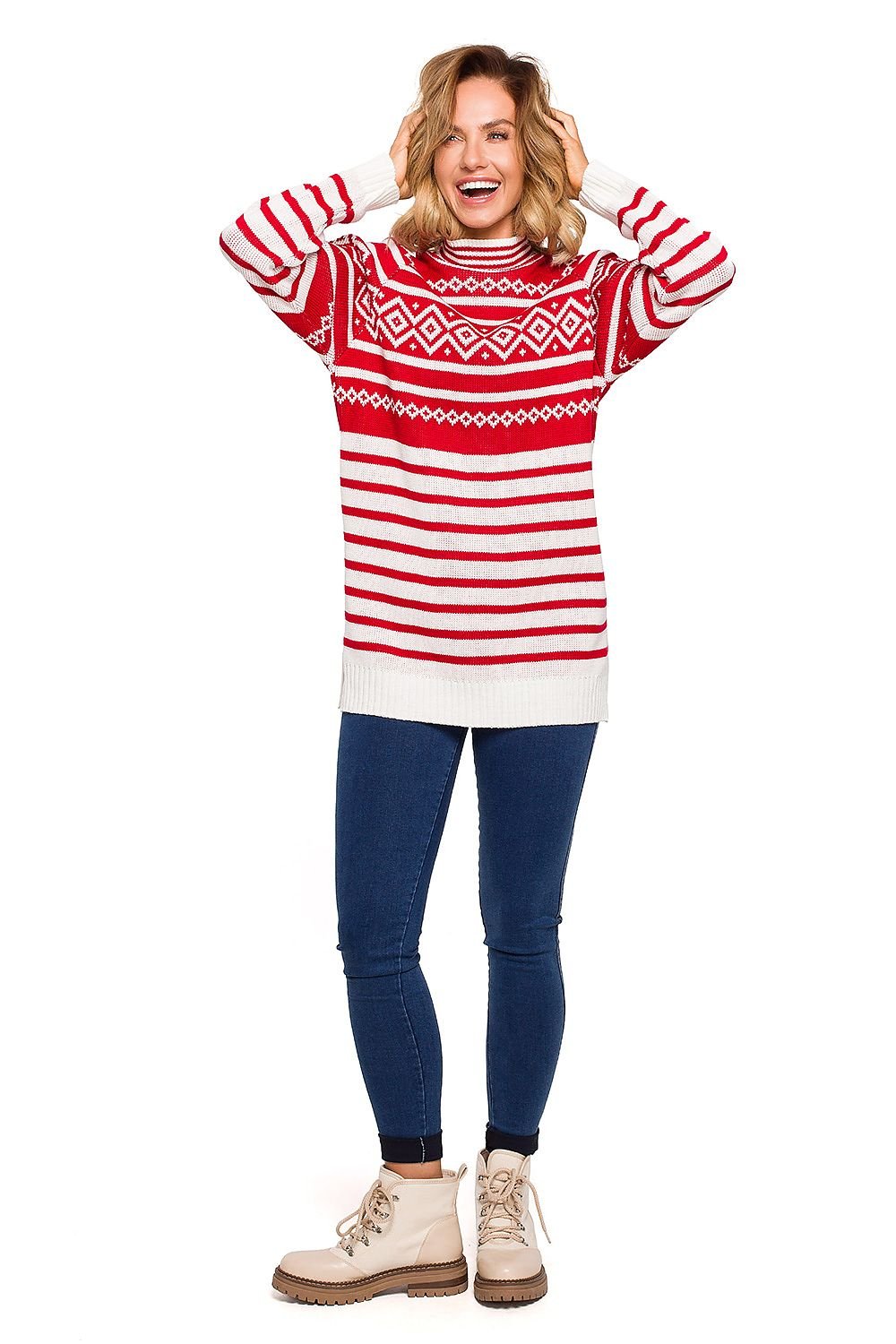 Warm Half-Zip Sweater with Winter Motif and Side Slits