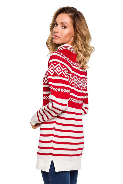 Warm Half-Zip Sweater with Winter Motif and Side Slits