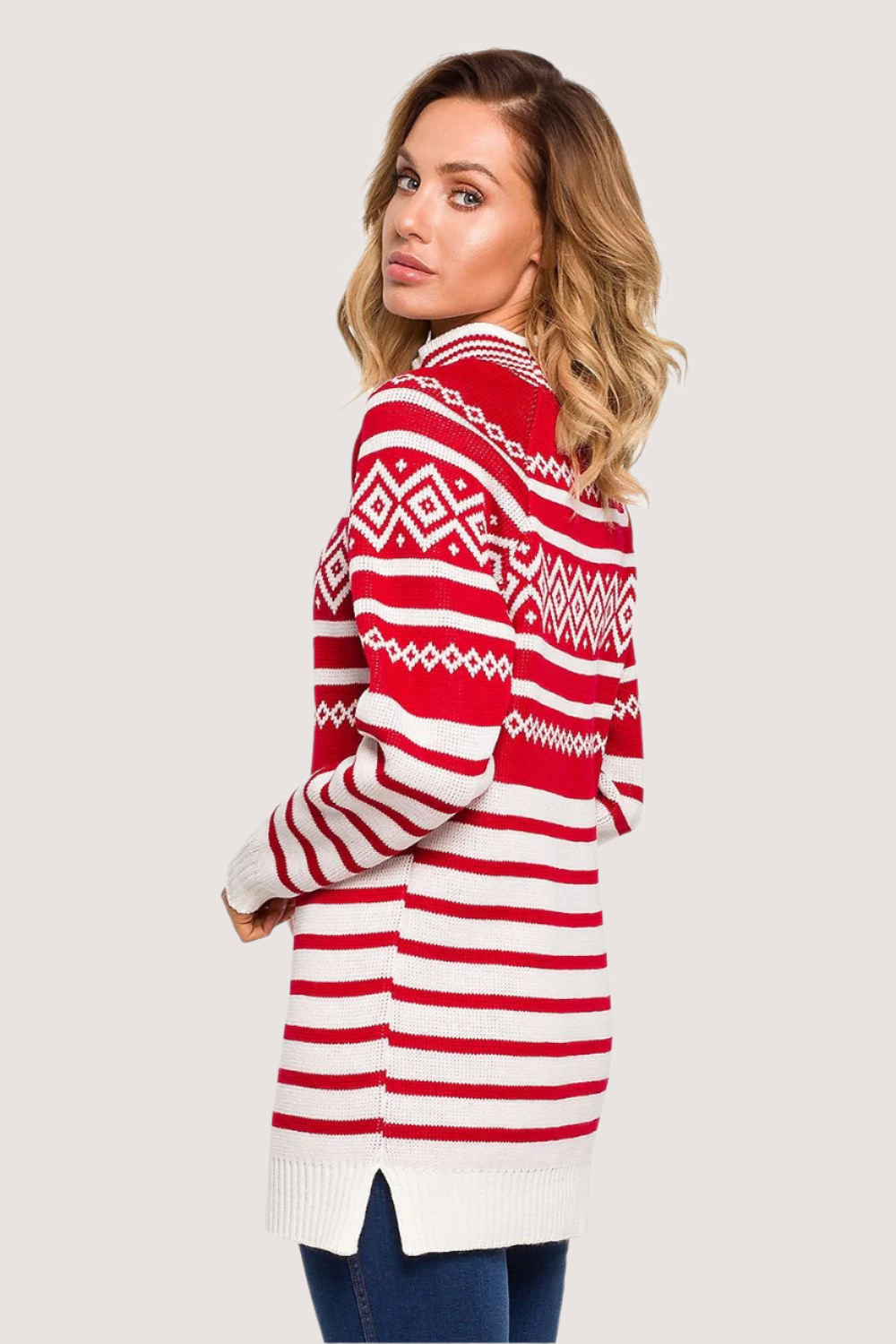 Warm Half-Zip Sweater with Winter Motif and Side Slits