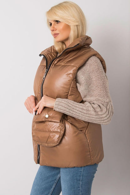 Ecru Down Vest with Zipper, Pockets, and Belt