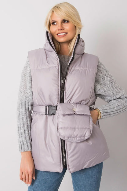 Ecru Down Vest with Zipper, Pockets, and Belt