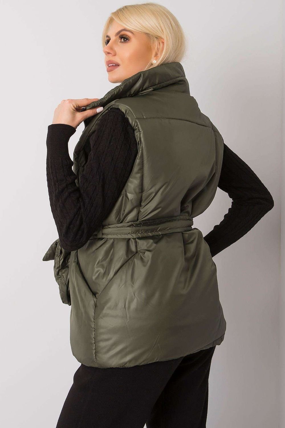 Ecru Down Vest with Zipper, Pockets, and Belt