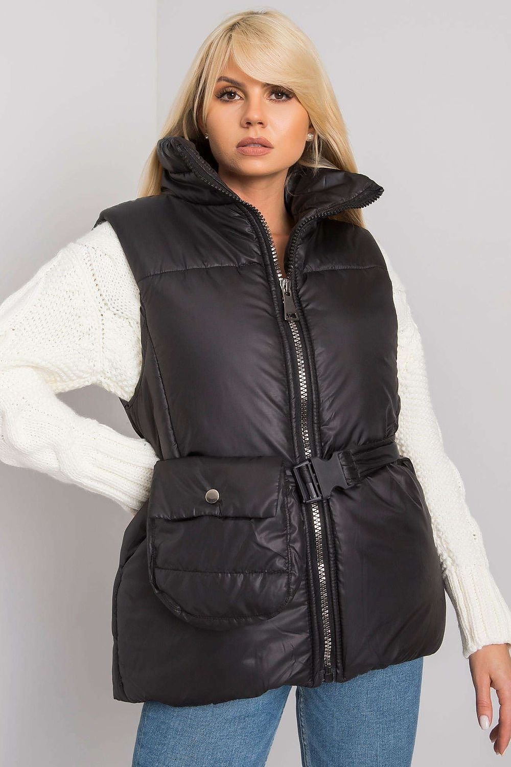 Ecru Down Vest with Zipper, Pockets, and Belt