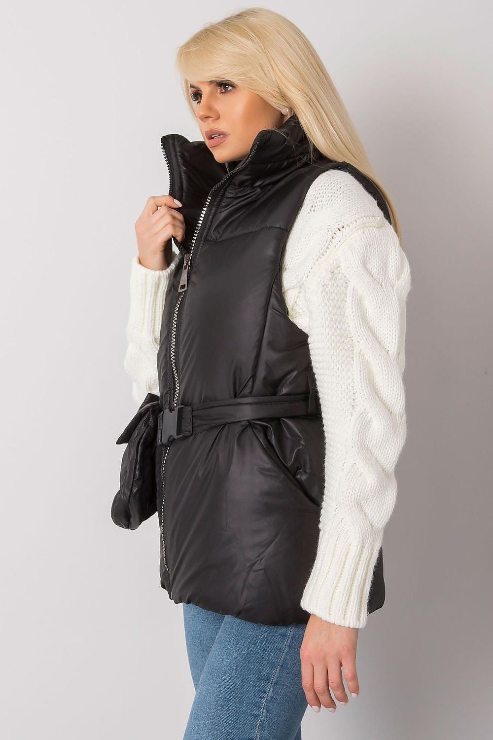 Ecru Down Vest with Zipper, Pockets, and Belt