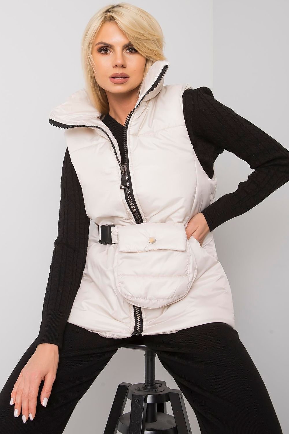 Ecru Down Vest with Zipper, Pockets, and Belt