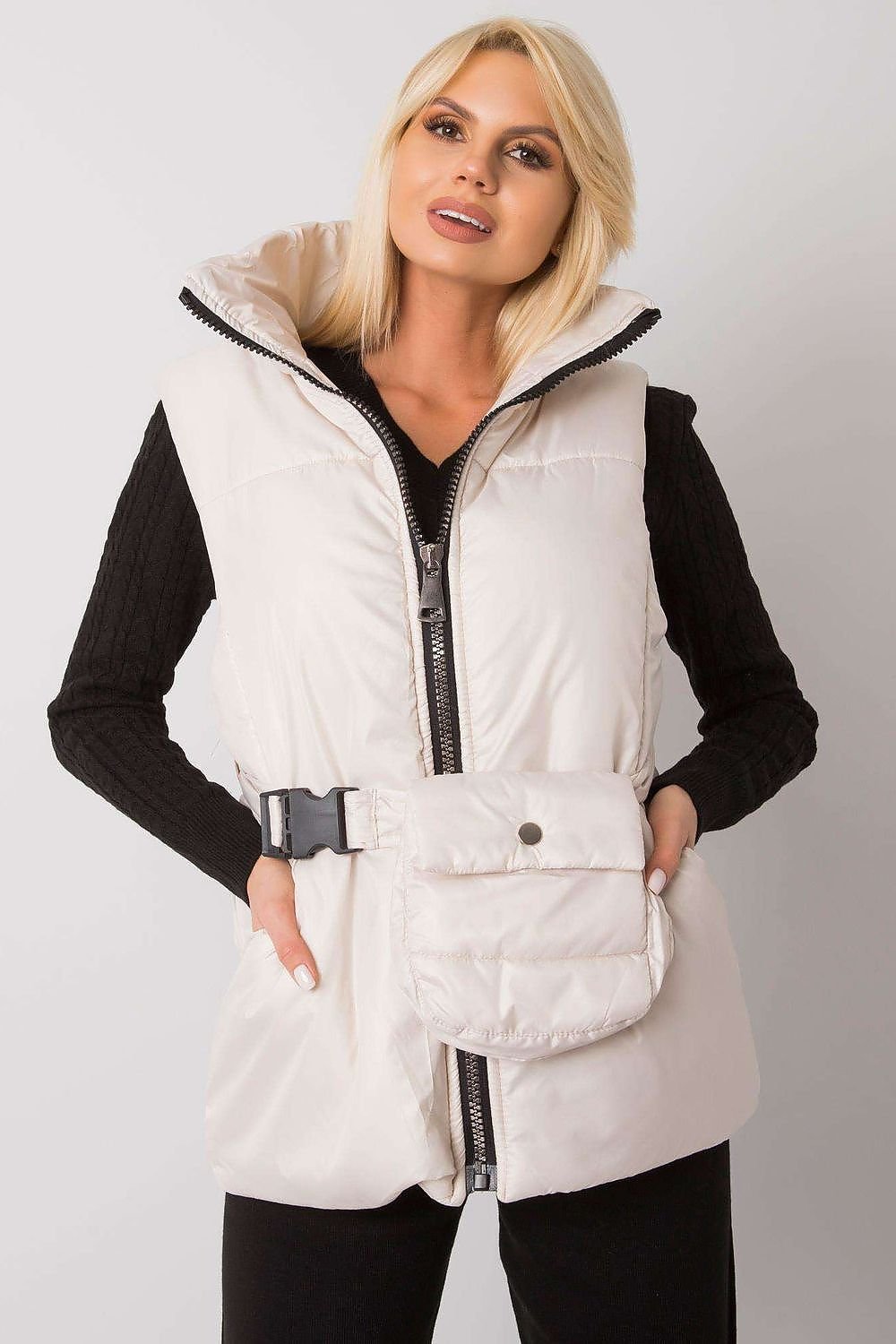 Ecru Down Vest with Zipper, Pockets, and Belt