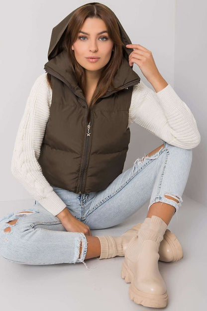 Elegant Ecru Women's Vest with Concealed Hood and Zipper Fastening