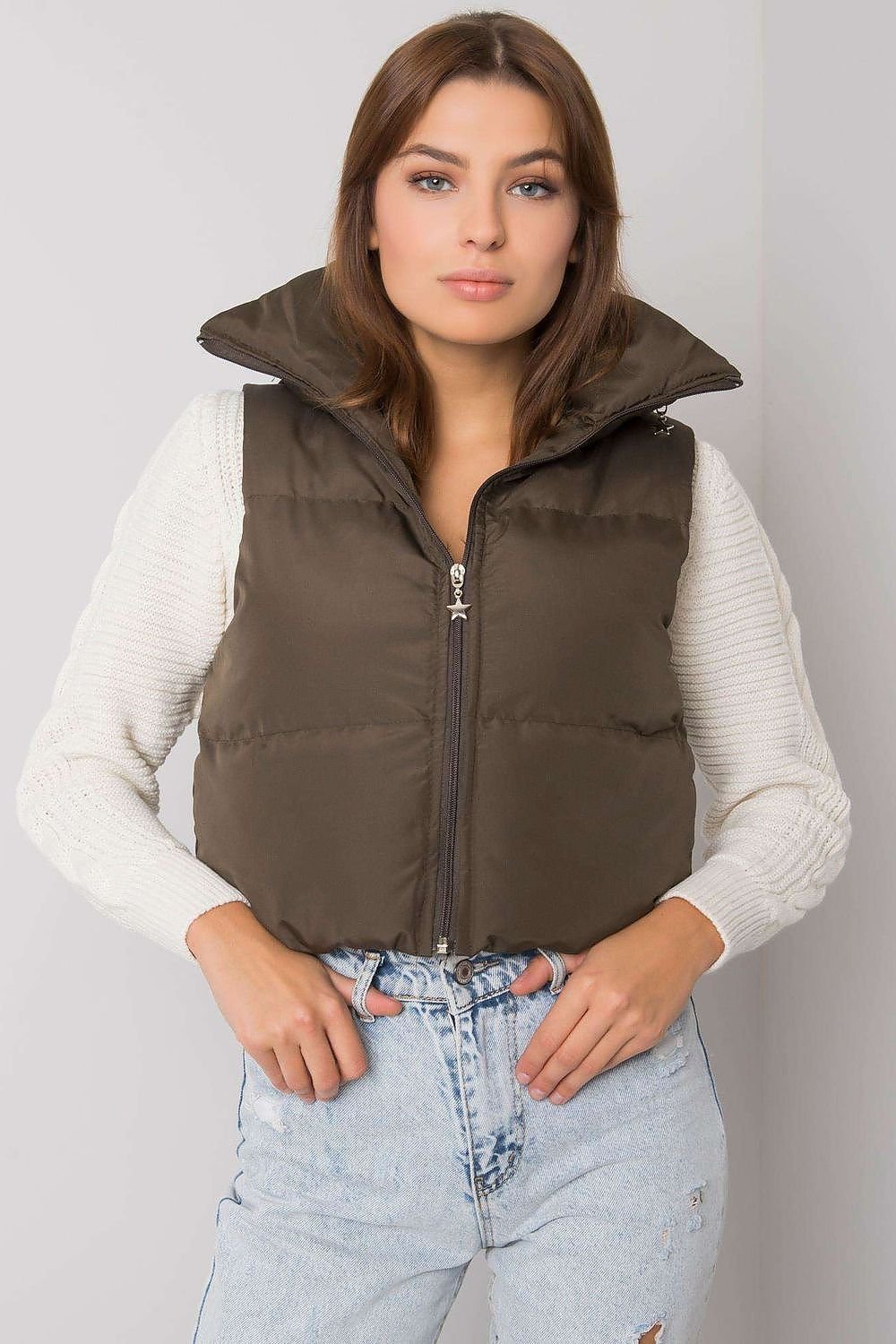 Elegant Ecru Women's Vest with Concealed Hood and Zipper Fastening