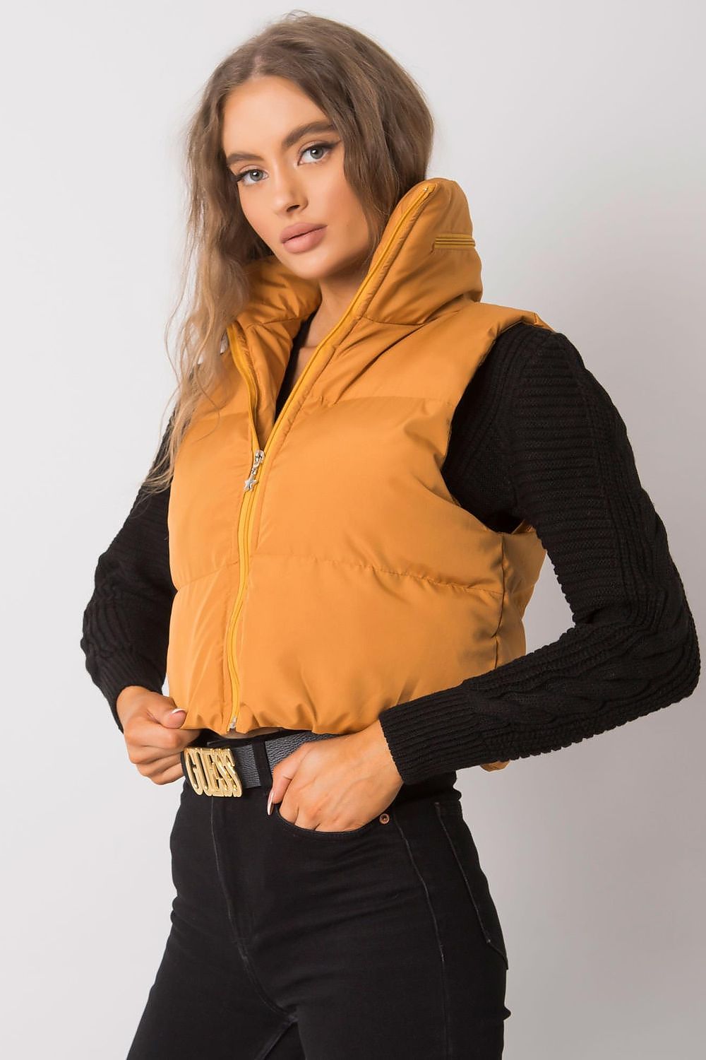 Elegant Ecru Women's Vest with Concealed Hood and Zipper Fastening