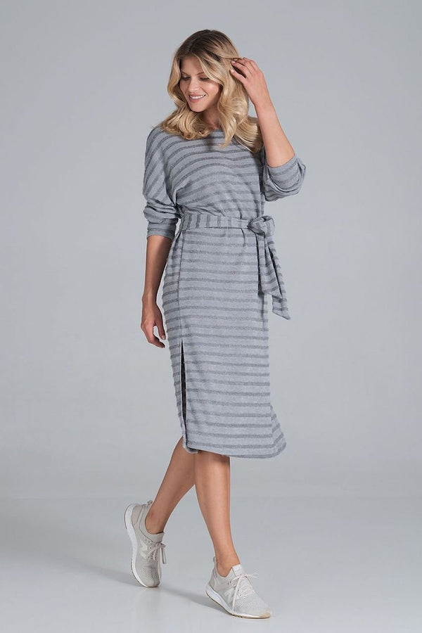 Warm Winter Midi Dress with Waist Tie and Side Slits