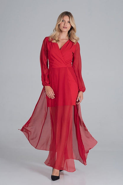 A cocktail maxi dress featuring an envelope neckline, long chiffon sleeves with bindings, and a two-layer bottom—mini dress underneath with a chiffon maxi layer featuring front slits for added elegance.






