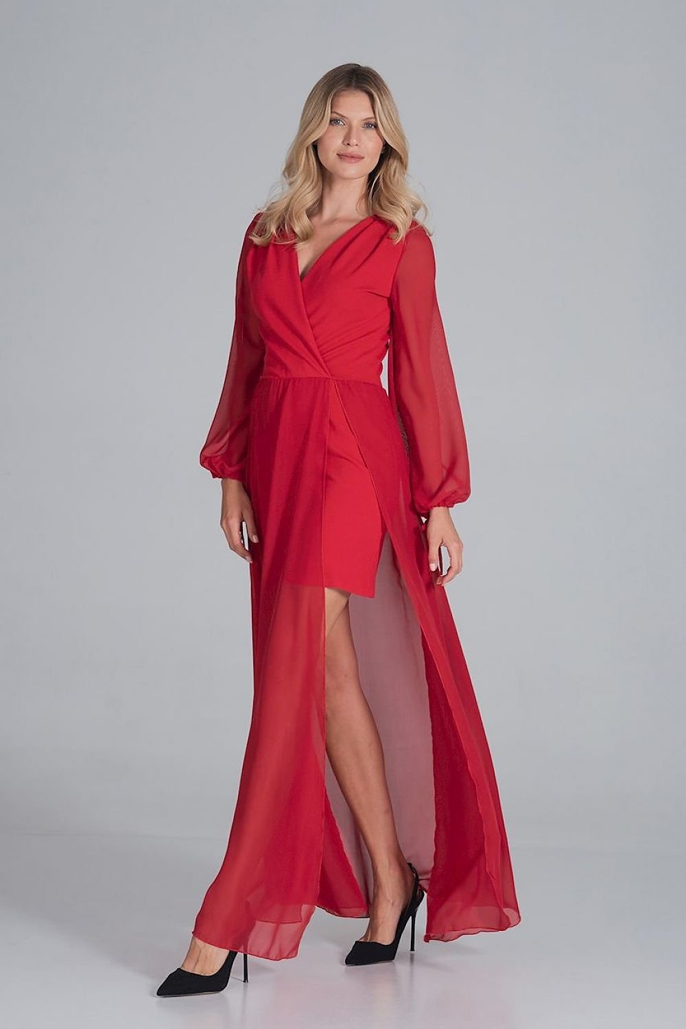 A cocktail maxi dress featuring an envelope neckline, long chiffon sleeves with bindings, and a two-layer bottom—mini dress underneath with a chiffon maxi layer featuring front slits for added elegance.






