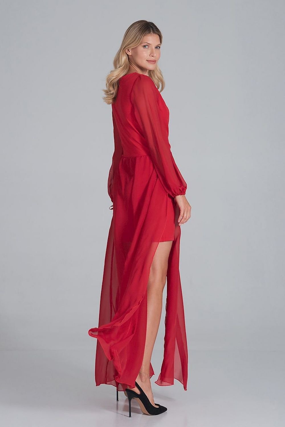 A cocktail maxi dress featuring an envelope neckline, long chiffon sleeves with bindings, and a two-layer bottom—mini dress underneath with a chiffon maxi layer featuring front slits for added elegance.






