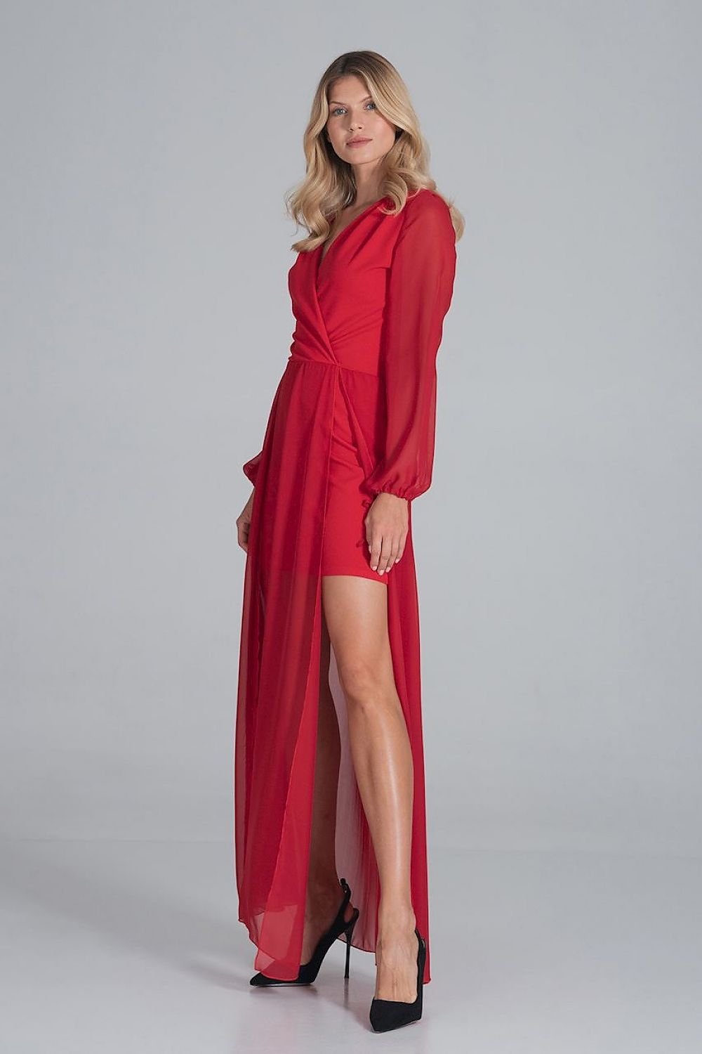 A cocktail maxi dress featuring an envelope neckline, long chiffon sleeves with bindings, and a two-layer bottom—mini dress underneath with a chiffon maxi layer featuring front slits for added elegance.






