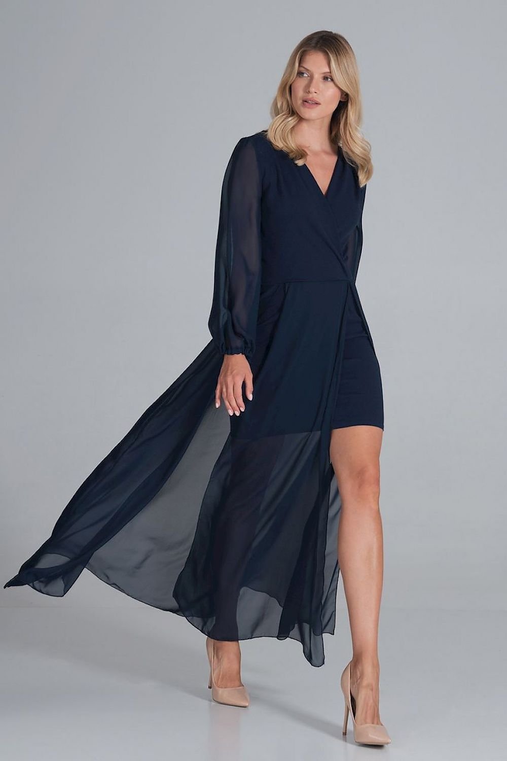 A cocktail maxi dress featuring an envelope neckline, long chiffon sleeves with bindings, and a two-layer bottom—mini dress underneath with a chiffon maxi layer featuring front slits for added elegance.






