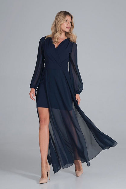 A cocktail maxi dress featuring an envelope neckline, long chiffon sleeves with bindings, and a two-layer bottom—mini dress underneath with a chiffon maxi layer featuring front slits for added elegance.






