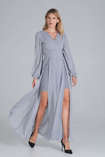 Robe longue de cocktail bi-matière avec décolleté enveloppe et manches en mousseline