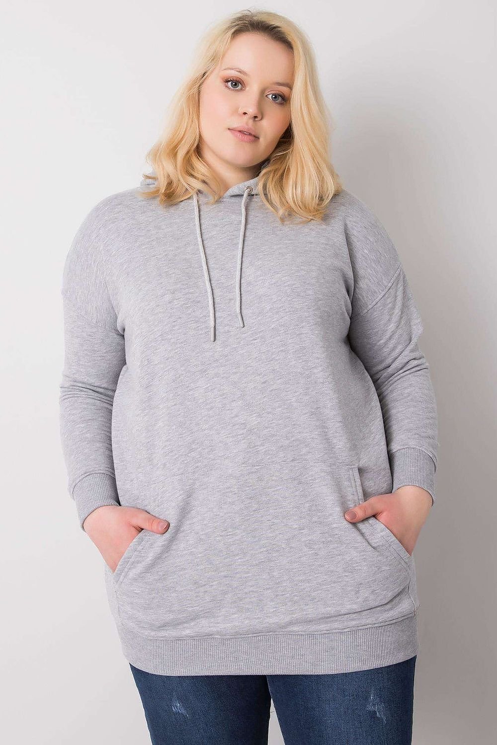 Grey Melange Plus Size Cotton Hoodie with Extended Cut and Pockets