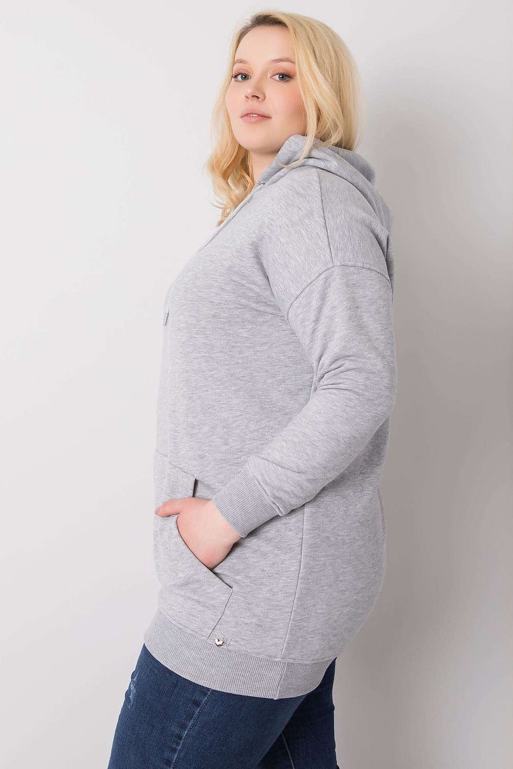 Grey Melange Plus Size Cotton Hoodie with Extended Cut and Pockets