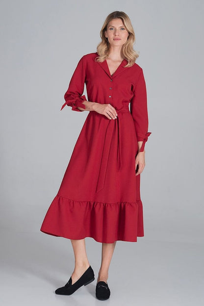 Robe longue avec col en V, ourlet à volants et manches nouées