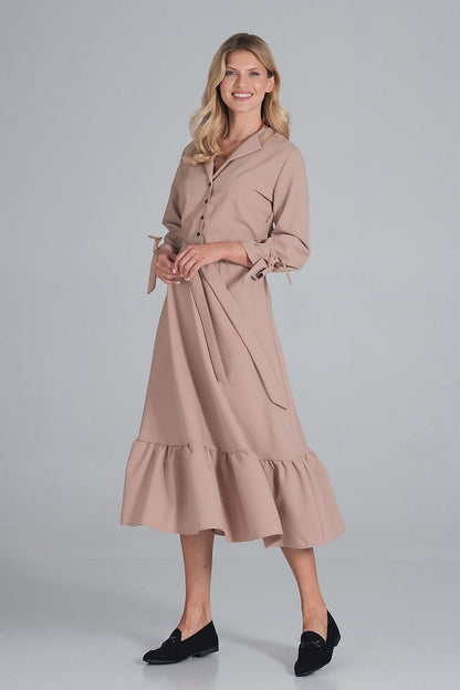 Robe longue avec col en V, ourlet à volants et manches nouées