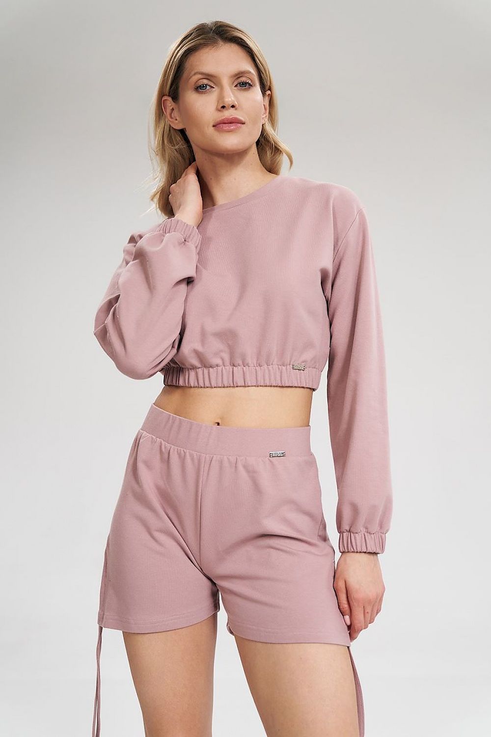 Long Sleeve Crop Sweatshirt with Wide Elastic Band and Half-Round Neckline