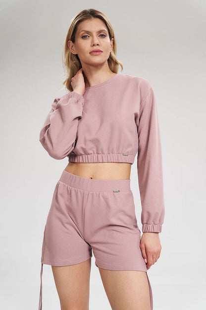 Long Sleeve Crop Sweatshirt with Wide Elastic Band and Half-Round Neckline