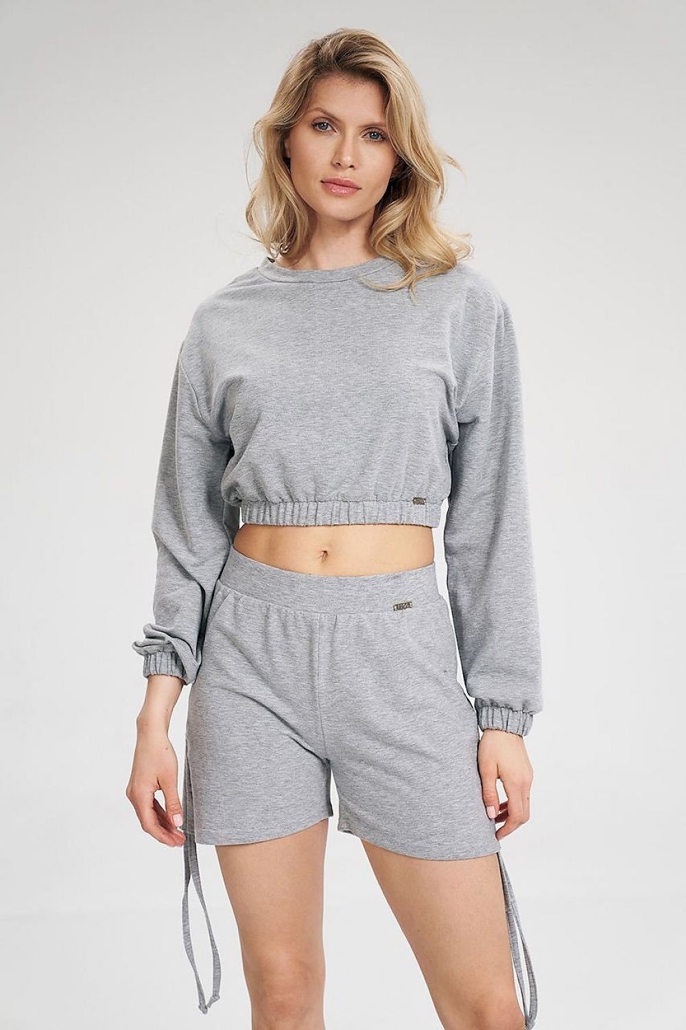 Long Sleeve Crop Sweatshirt with Wide Elastic Band and Half-Round Neckline