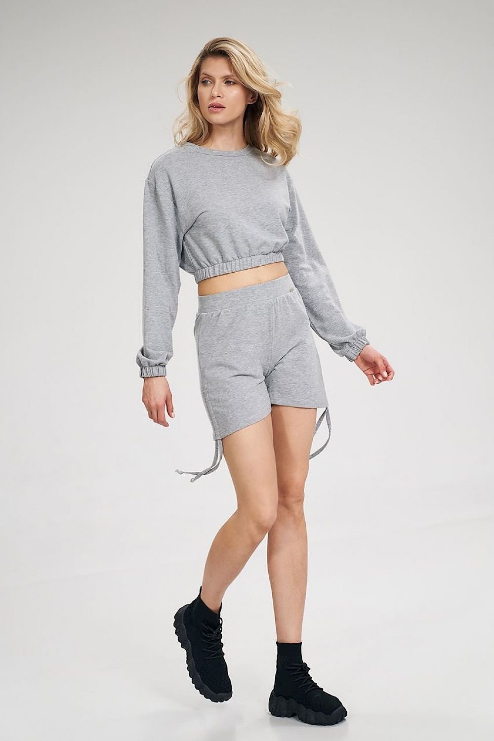 Long Sleeve Crop Sweatshirt with Wide Elastic Band and Half-Round Neckline