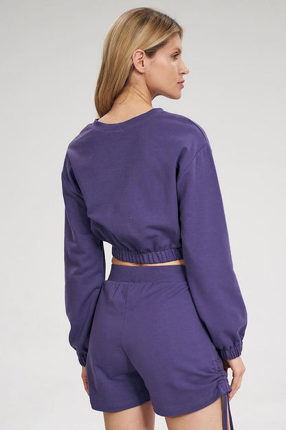 Long Sleeve Crop Sweatshirt with Wide Elastic Band and Half-Round Neckline