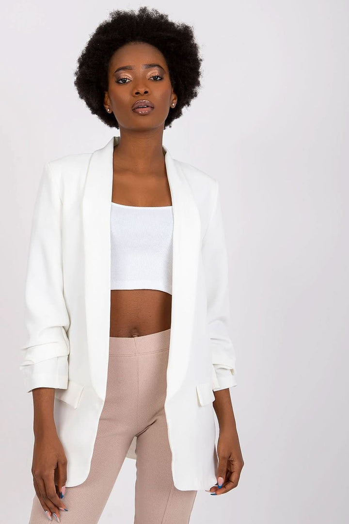 Women's 3/4 Sleeve Jacket with Shoulder Cushions and Imitation Pockets - Ludowika 