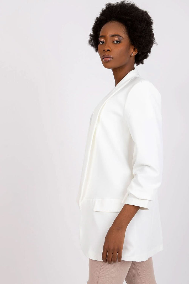 Women's 3/4 Sleeve Jacket with Shoulder Cushions and Imitation Pockets - Ludowika 