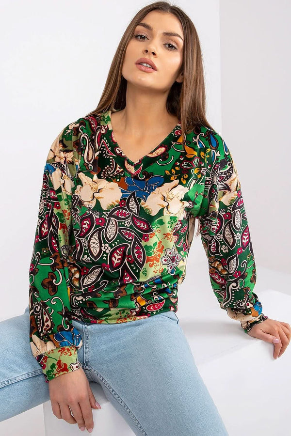 Long Sleeve Blouse with V-Neckline and Unique Pattern 1 - Ludowika 