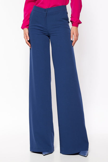 Blue palazzo pants with a touch of elastane for added comfort. Perfect for soft-office style, offering a fresh, non-traditional color that breaks classic office styling while providing a comfortable and stylish fit.

