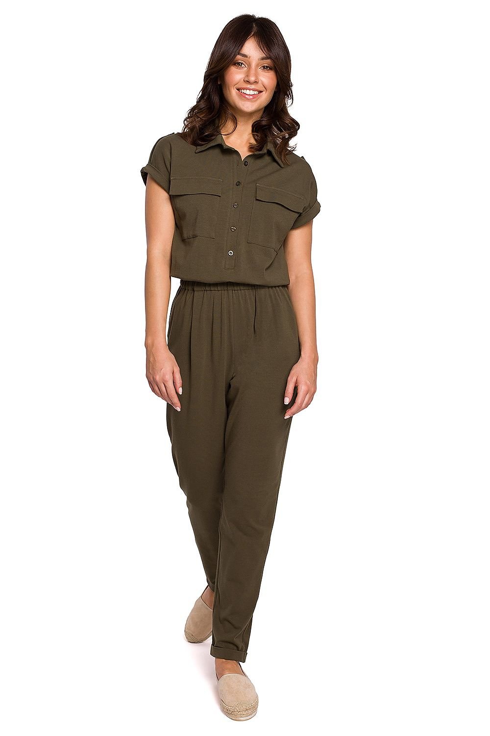 Casual Cotton Knit Jumpsuit with Safari Pockets and Drawstring Waist