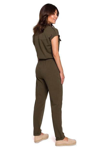 Casual Cotton Knit Jumpsuit with Safari Pockets and Drawstring Waist