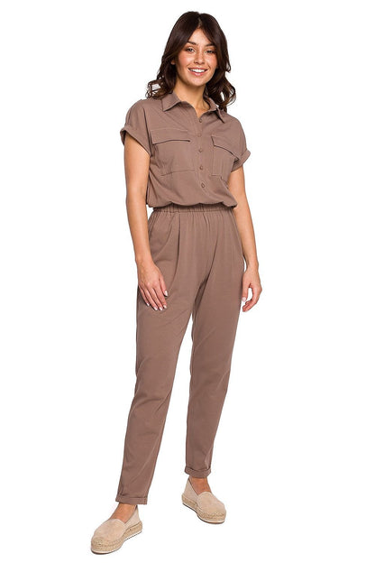 Casual Cotton Knit Jumpsuit with Safari Pockets and Drawstring Waist