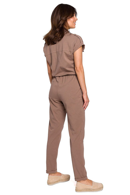 Casual Cotton Knit Jumpsuit with Safari Pockets and Drawstring Waist