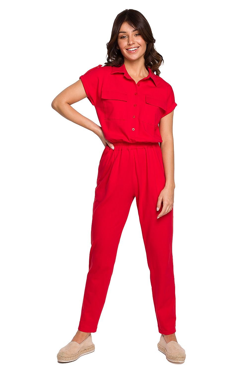 Casual Cotton Knit Jumpsuit with Safari Pockets and Drawstring Waist