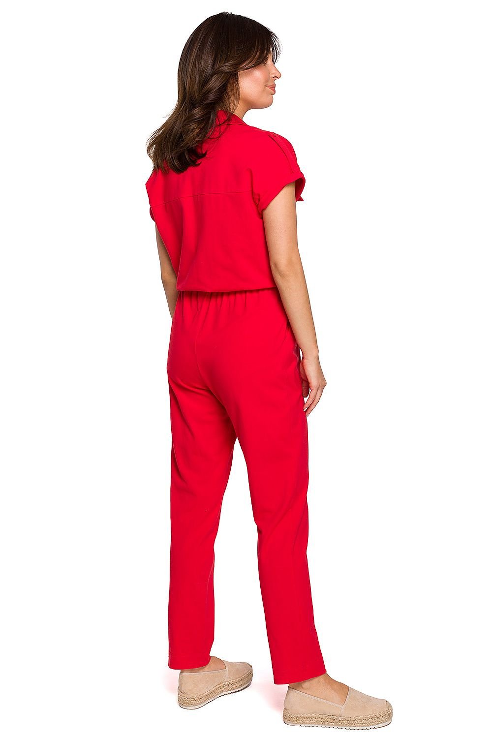 Casual Cotton Knit Jumpsuit with Safari Pockets and Drawstring Waist