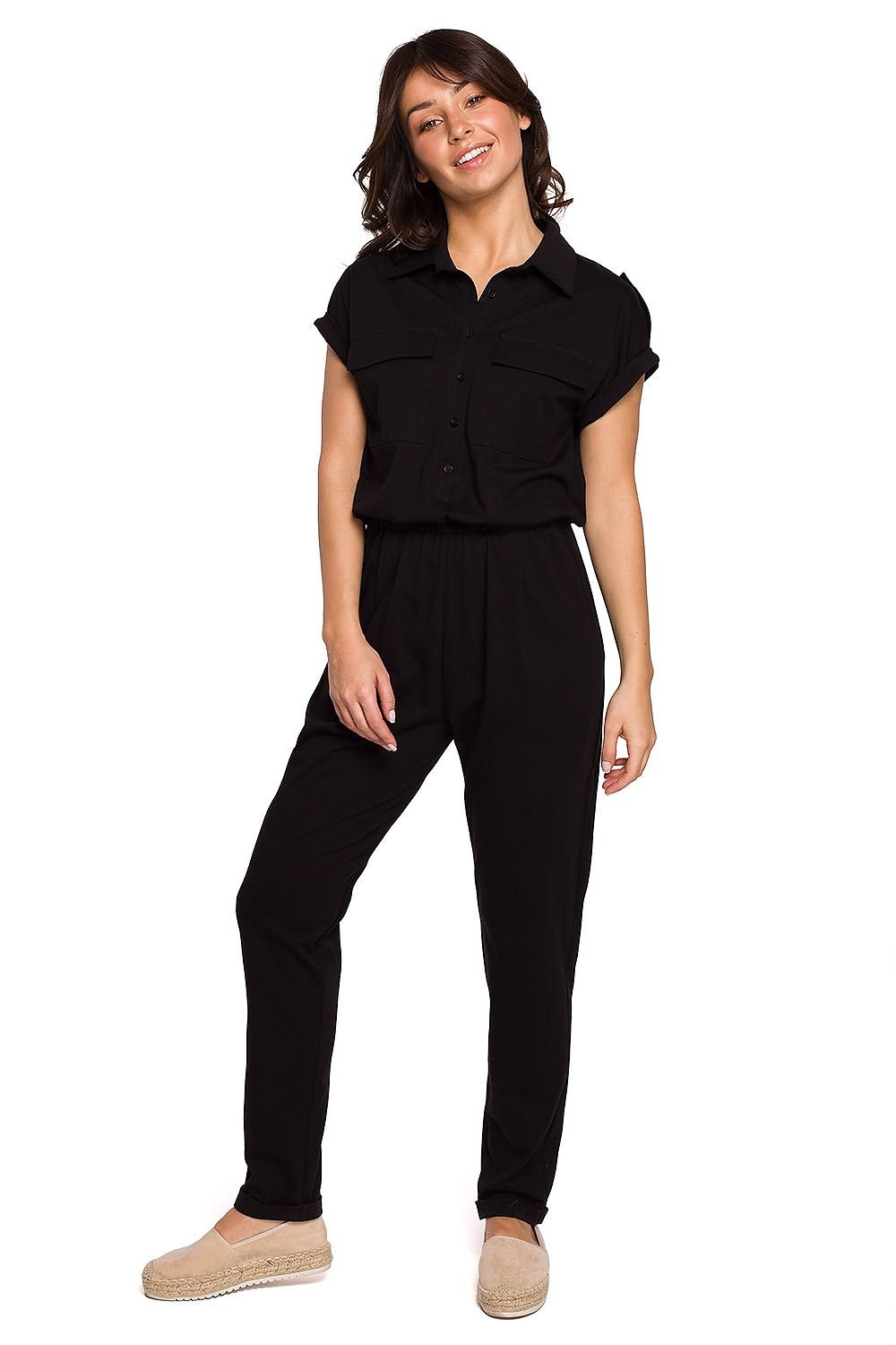 Casual Cotton Knit Jumpsuit with Safari Pockets and Drawstring Waist