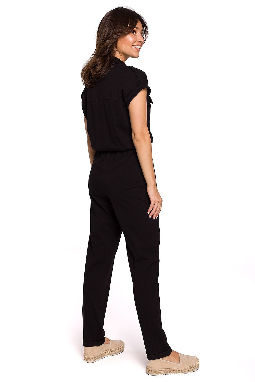 Casual Cotton Knit Jumpsuit with Safari Pockets and Drawstring Waist