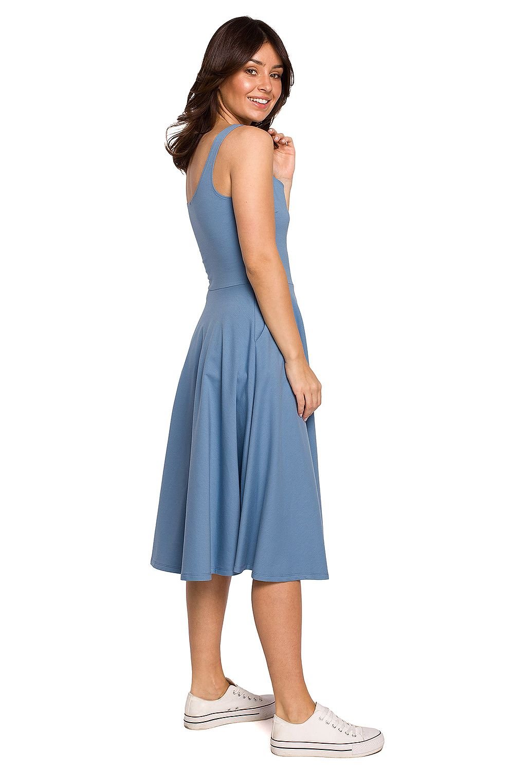 Wavy Flared Dress with Thin Shoulder Straps and Pockets