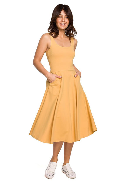 Wavy Flared Dress with Thin Shoulder Straps and Pockets