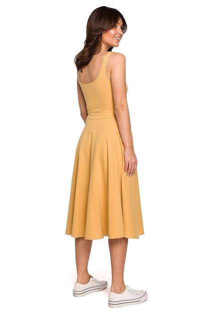 Wavy Flared Dress with Thin Shoulder Straps and Pockets